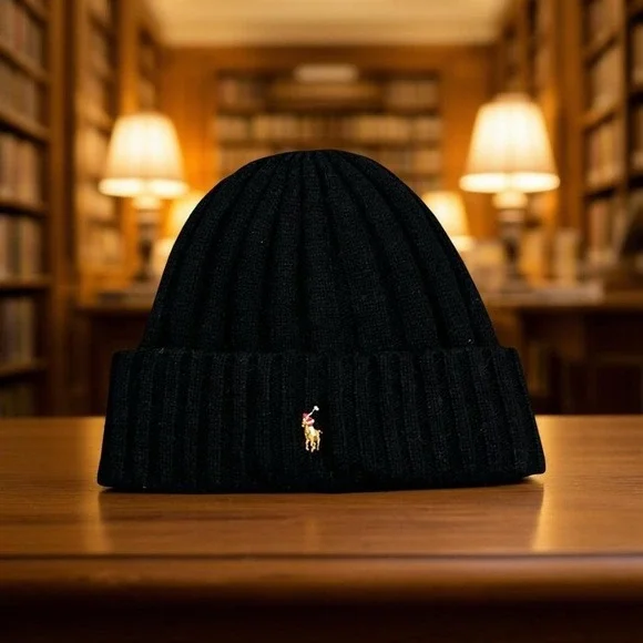 Polo Ralph Lauren Black Ribbed Beanie Hat Multi-Color Pony Wool Blend PP0054 NWT - Picture 1 of 5